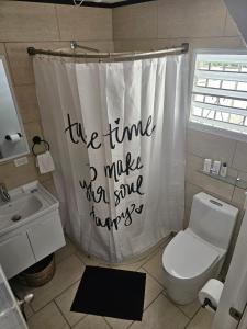 un baño con una cortina de ducha que lee la vez que una enfermera todavía tenía sed en Nala's Studio, en Mayagüez