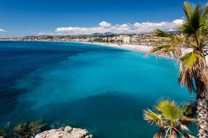 a view of a beach with palm trees at Hotel Suisse in Nice