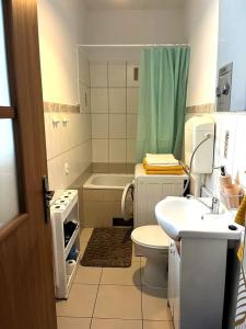 a bathroom with a sink and a toilet and a shower at Studio Centrum, Private Entrance, SELF CHECK-IN 24h in Katowice