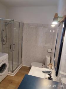 a bathroom with a shower and a sink and a washing machine at Guillaumont Apartment in Juan-les-Pins