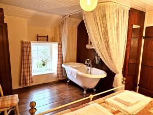 ein Bad mit einer Badewanne, einem Waschbecken und einem Fenster in der Unterkunft Arwel Nanternis in Llanllwchaiarn