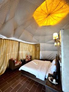 瓦迪拉姆的住宿－Rise Camp Wadi Rum，帐篷内一间卧室,配有一张床