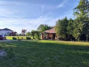 una casa en un patio con un campo de hierba en Well-located rural house on a spacious fenced lot en Novi Sad