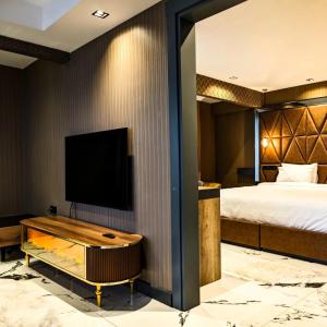um quarto de hotel com uma cama e uma televisão de ecrã plano em AYATOURE HOTEL em Bulancak
