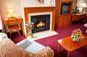 sala de estar con chimenea y TV en Bavarian Inn Motel & Restaurant, en Eureka Springs