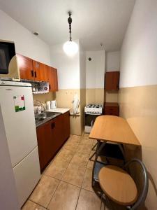 a small kitchen with a table and a refrigerator at Studio Centrum, Private Entrance, SELF CHECK-IN 24h in Katowice