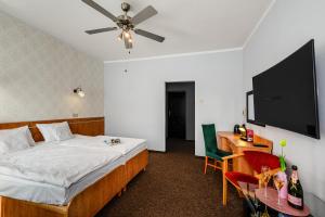 Habitación de hotel con cama y TV de pantalla plana. en Hotel Bristol en Kielce