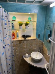 y baño con lavabo y ducha. en La Maison d’Helene & Antoine à Bonnieux XII siècle en Bonnieux