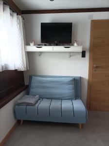 salon z niebieską kanapą i telewizorem w obiekcie Ferienwohnung Innergreit w Alpbach