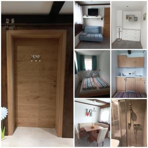 kolaż zdjęć z drzwiami i pokojem w obiekcie Ferienwohnung Innergreit w Alpbach