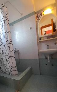 a bathroom with a sink and a shower curtain at Meteora Garden in Kalabaka +41 photos
