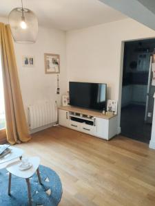 ein Wohnzimmer mit einem Flachbild-TV auf einem weißen Schrank in der Unterkunft Maison de 2 chambres avec jardin clos et wifi a Vierzon in Vierzon