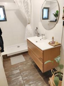 ein Badezimmer mit einem Waschbecken, einer Badewanne und einem Spiegel in der Unterkunft Maison de 2 chambres avec jardin clos et wifi a Vierzon in Vierzon