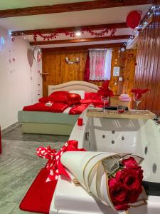 a bedroom with two beds with red pillows at Holiday Home La Sierra in Korenica