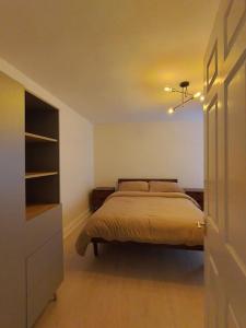 Bijou White Hart Lane في لندن: غرفة نوم مع سرير وخزانة