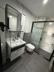 ein Bad mit einem WC, einem Waschbecken und einer Dusche in der Unterkunft Loca Marin in Mersin