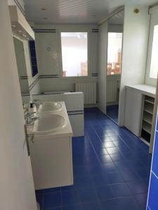 a bathroom with a white sink and a blue tile floor at Longère 10 personnes in Vauchelles-lès-Quesnoy