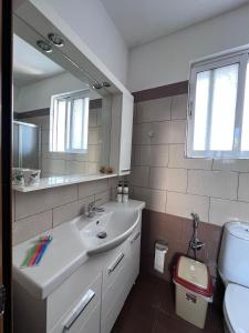 La salle de bains est pourvue d'un lavabo et d'un miroir. dans l'établissement Nick Apartments, à Gjirokastër