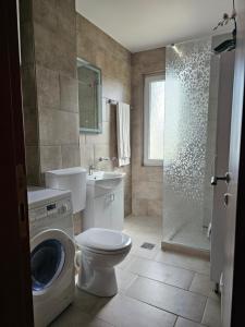 La salle de bains est pourvue de toilettes et d'un lave-linge. dans l'établissement Sunčani apartman, à Nikšić