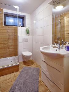 een badkamer met een wastafel, een toilet en een douche bij Komfort Appartement Moers-Repelen - Ruhige Lage - Sackgasse in Moers