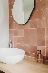 La salle de bains est pourvue d'un lavabo blanc et d'un miroir. dans l'établissement Knus I Tiny house op de Veluwe, à Epe