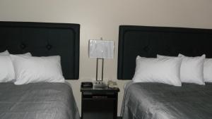 a bedroom with two beds and a lamp on a night stand at Stampeder Inn in Ponoka