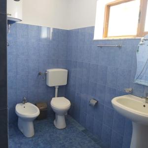 bagno piastrellato blu con servizi igienici e lavandino di Guest House Pogradeci a Pogradec