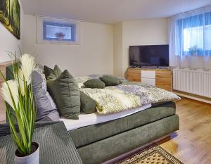een woonkamer met een bed en een televisie bij Komfort Appartement Moers-Repelen - Ruhige Lage - Sackgasse in Moers