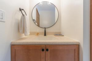 un baño con lavabo y espejo en Pure Hygge - 1 block off Lake, Tranquil & Pet Friendly, en Fennville 18 fotos más