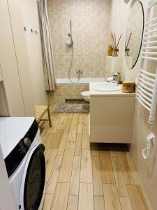 een badkamer met een wasmachine op de vloer bij Moon apartment in Druskininkai +10 foto's
