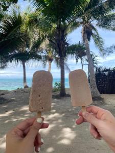 2 personnes tenant de la crème glacée sur une plage avec des palmiers dans l'établissement Voyager Retreat Homestay, à Nanuya Lailai