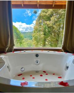 a bath tub sitting in front of a window at Chalés pinha pinhão in Monte Verde