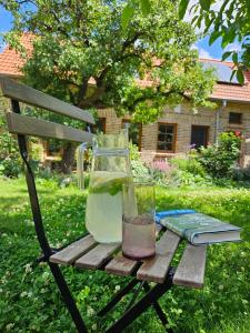 a glass pitcher of water and a book sitting on a bench at Ferienhaus Pathe in Neuendorf bei Wendisch Buchholz