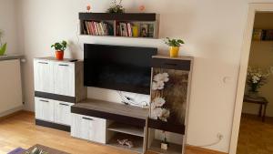 a entertainment center with a television in a living room at Phönix in Teugn