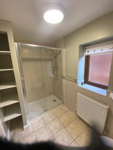 a bathroom with a shower with a glass shower stall at Cosy Homely Apartment close to Lincoln City Centre in Lincoln