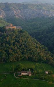 eine Luftansicht auf einen grünen Hügel mit einem Haus darauf in der Unterkunft la melagrana rossa in Quattro Castella