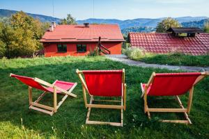 ヴィスワにあるDom na Szlakuの家の前の芝生に座る椅子2脚