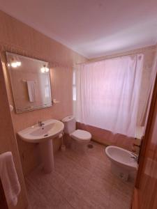 ein Badezimmer mit einem Waschbecken, einem WC und einem Spiegel in der Unterkunft Apartamentos Puerto Mar V.v. in La Manga del Mar Menor