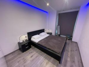 a bedroom with a large bed with a blue light at Immodelpas Pessons in Pas de la Casa
