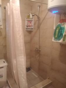 a shower with a shower curtain in a bathroom at Landhaus in Bosanska Dubica