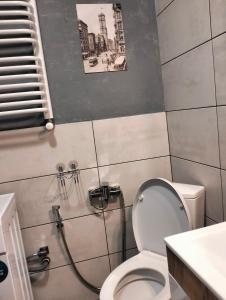 a bathroom with a toilet and a shower at Біля Озера in Ivano-Frankivsʼk