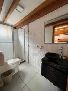 a bathroom with a toilet and a sink and a mirror at Hacienda Le Plus in Quito