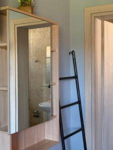 a ladder leaning against a mirror in a bathroom at Cleopatra's Cozy Cottage in Keramoti
