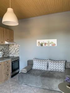 a living room with a couch and a kitchen at Cleopatra's Cozy Cottage in Keramoti