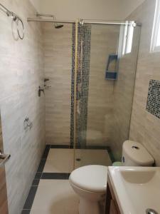 a bathroom with a shower and a toilet and a sink at Casa en curiti in Curití