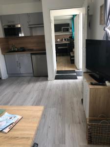 een woonkamer met een televisie en een keuken bij Cocon cosy 1-Parking terrasse WIFI-Vernon Giverny in Vernon