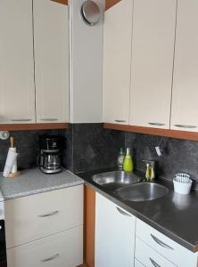 eine Küche mit weißen Schränken und einem Waschbecken in der Unterkunft Tilava kaksio kerrostalossa in Haapajärvi