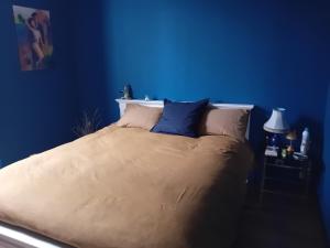 a blue bedroom with a bed with a blue wall at Bois d'Yevre in Vierzon