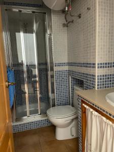 La salle de bains est pourvue de toilettes, d'une douche et d'un lavabo. dans l'établissement Apartamento Puerta del Perdón, à Constantina