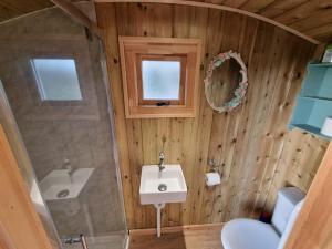 a small bathroom with a sink and a shower at Delilah the shepherd's hut in Sidlesham